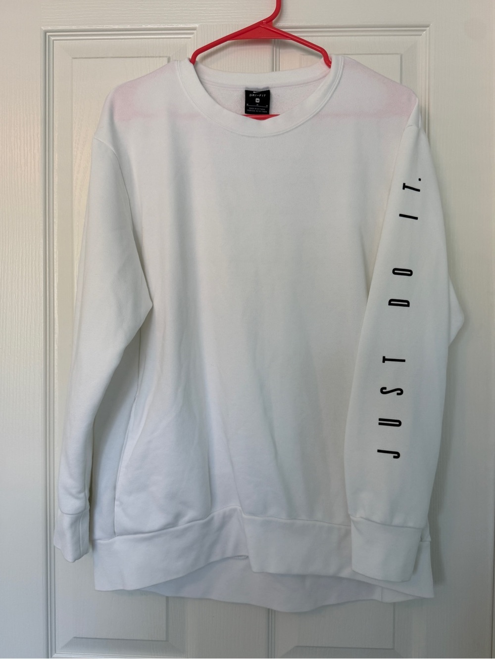 Nike White Crewneck Sweatshirt with Black 'JUST DO IT.' Sleeve Text